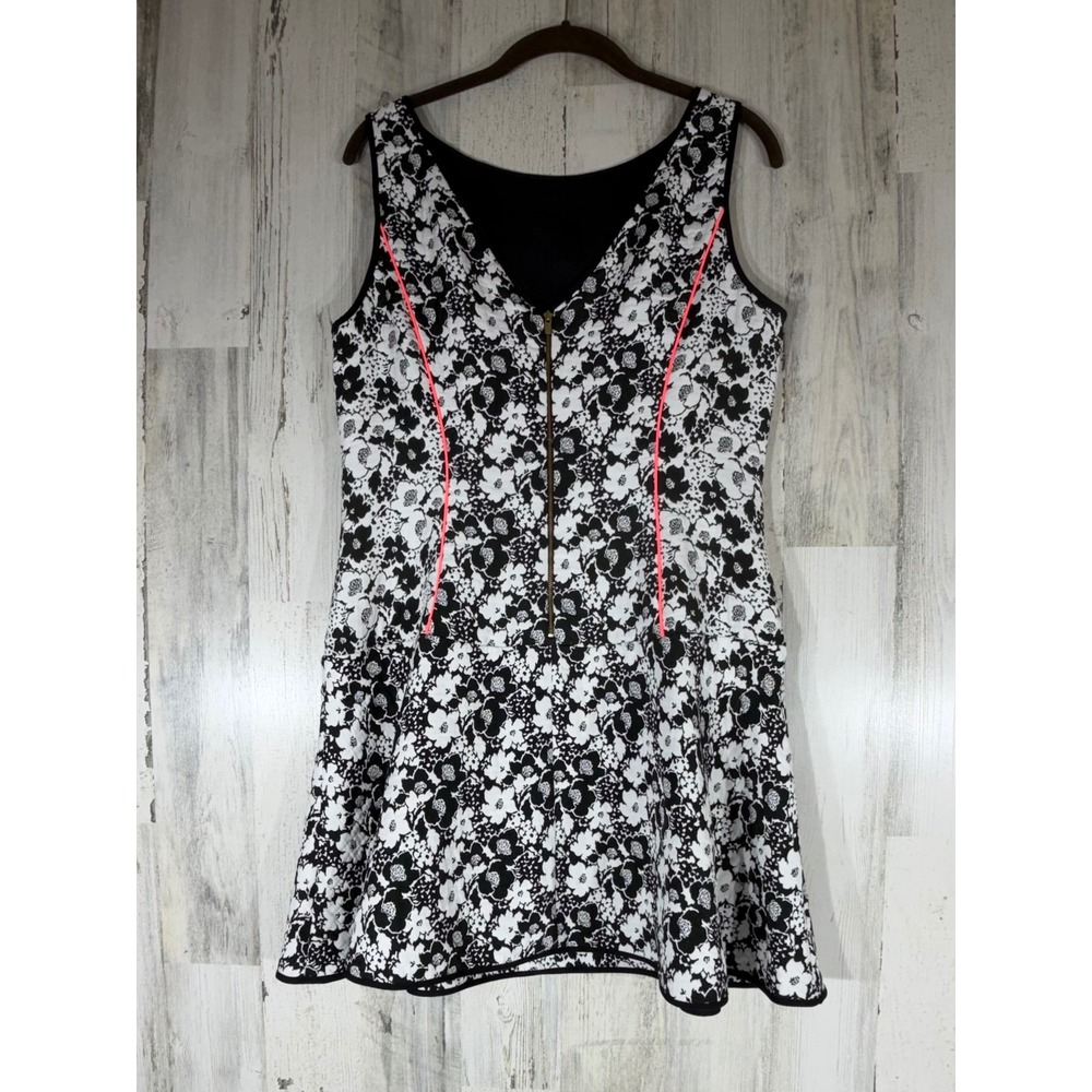 Banana Republic Fit Flare Dress Size 12 Petite Black White Floral Neon Pink Trim